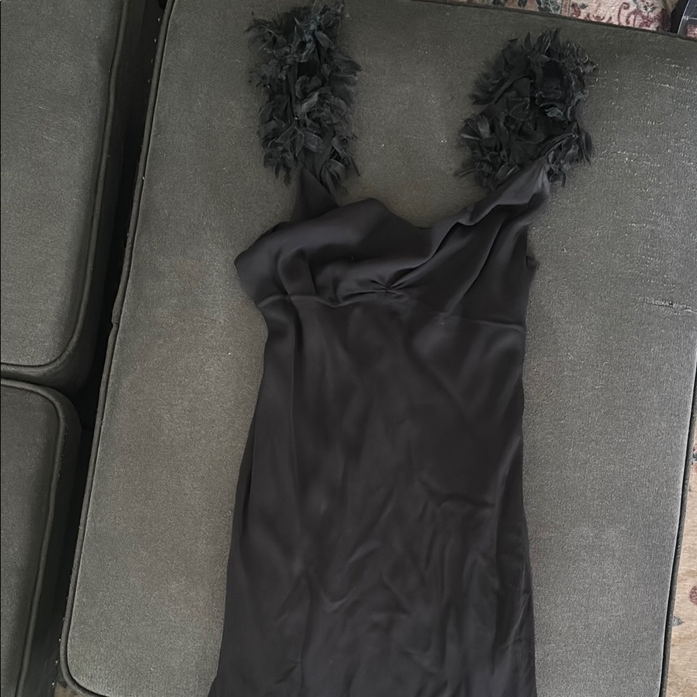Elegant Black Dress with Feathered Straps